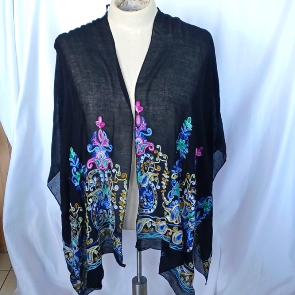 Catherines Embroidered Shrug, Black, Floral, Paisley, OSFA